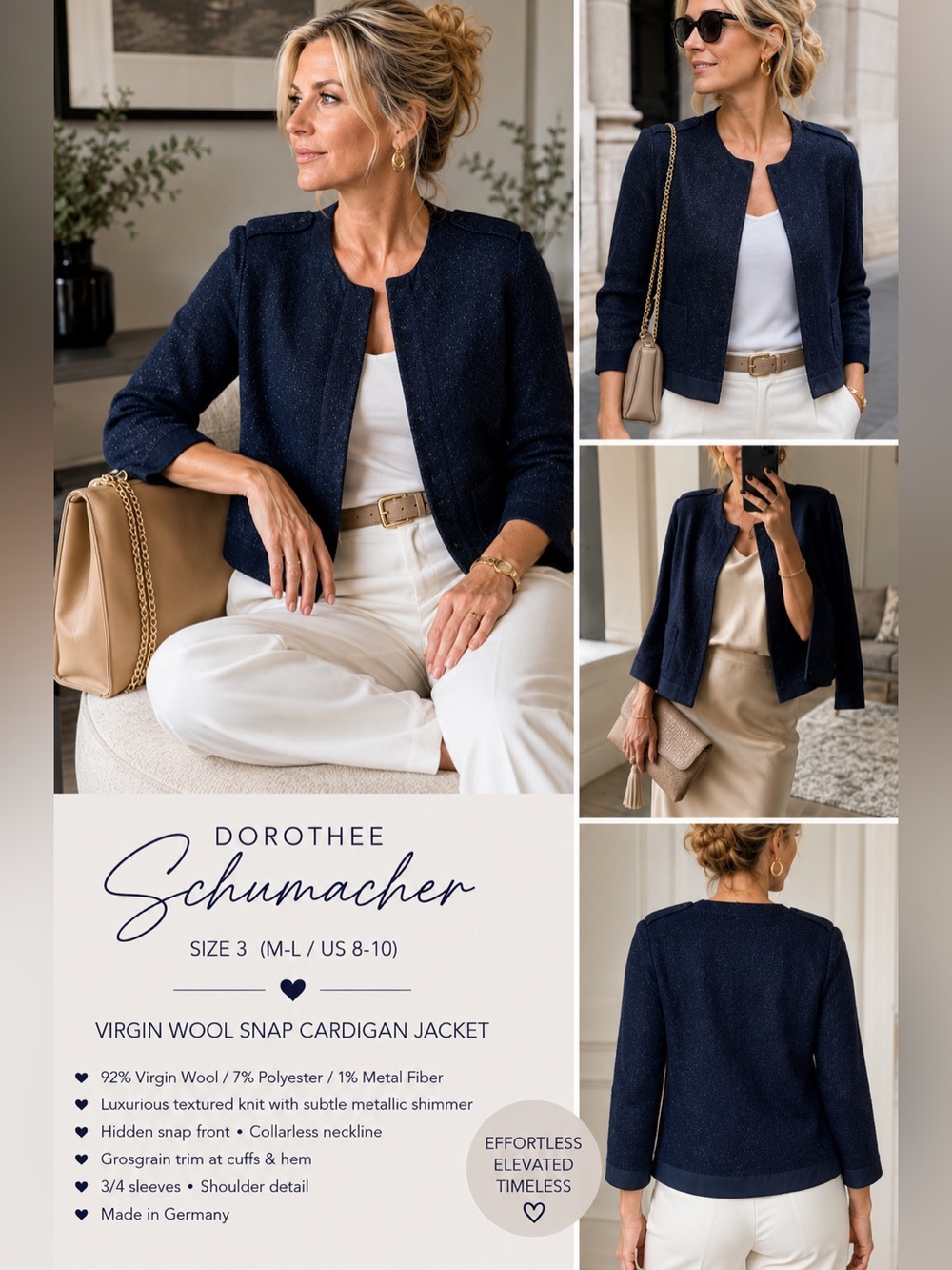 Dorothee Schumacher Sz 3 Navy Virgin Wool Metallic Snap Cardigan Jacket luxury